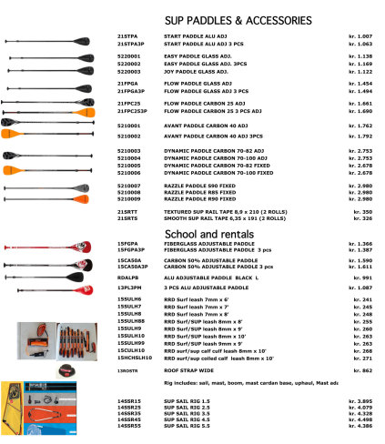RRD Stand up paddle tilbehør - prisliste