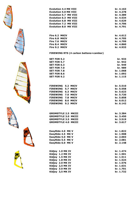 Windsurf sejl fra RRD prisliste