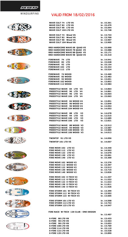 RRD windsurf boards prisliste