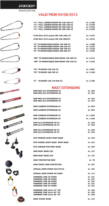 RRD windsurf bom, og tilbehør prisliste